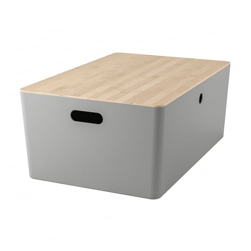 KUGGIS storage box: grey pet plastic, light wood lid, rectangular, simple design.