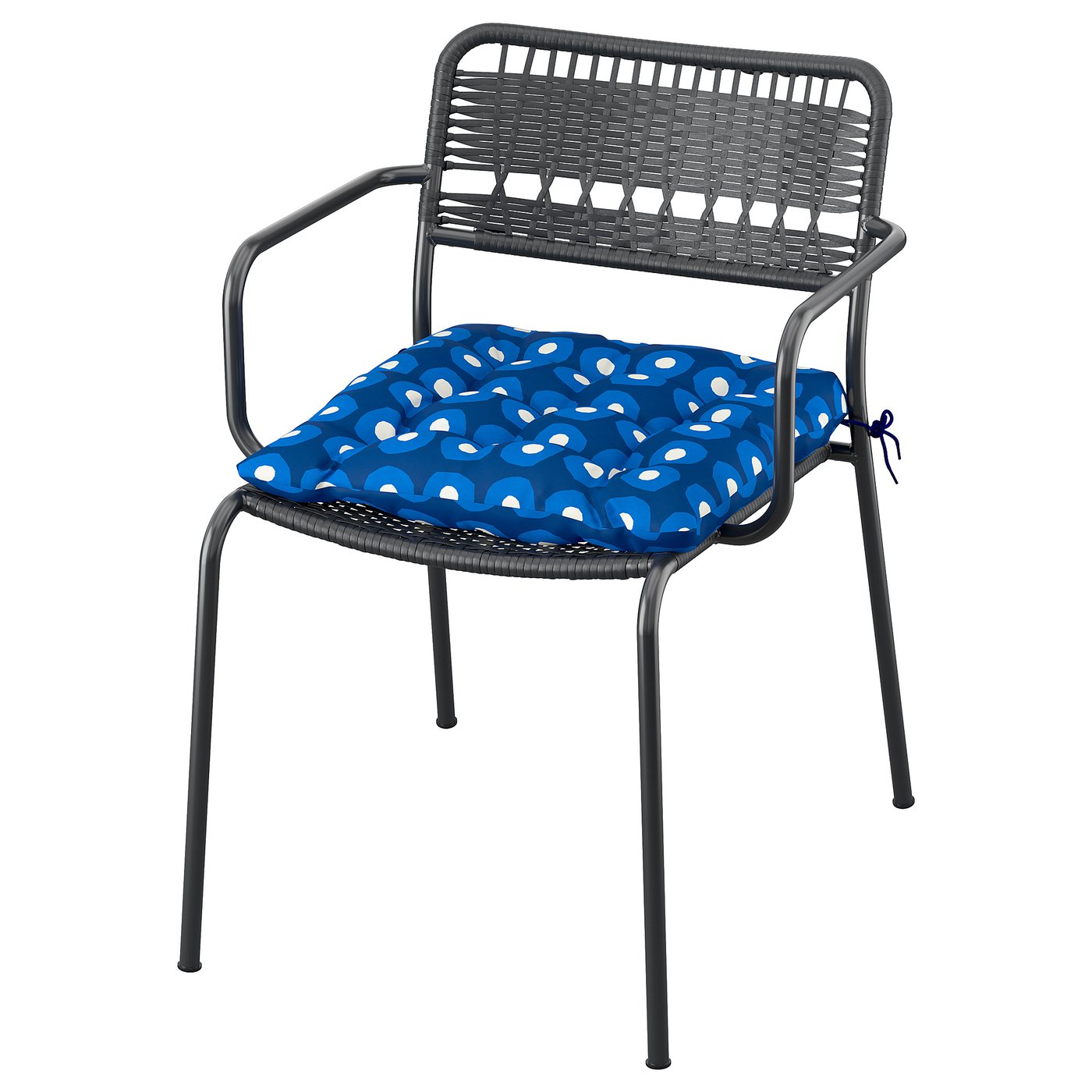 Modern grey outdoor chair with blue patterned cushion.