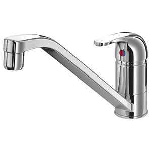 Chrome kitchen tap with curved spout and single handle.