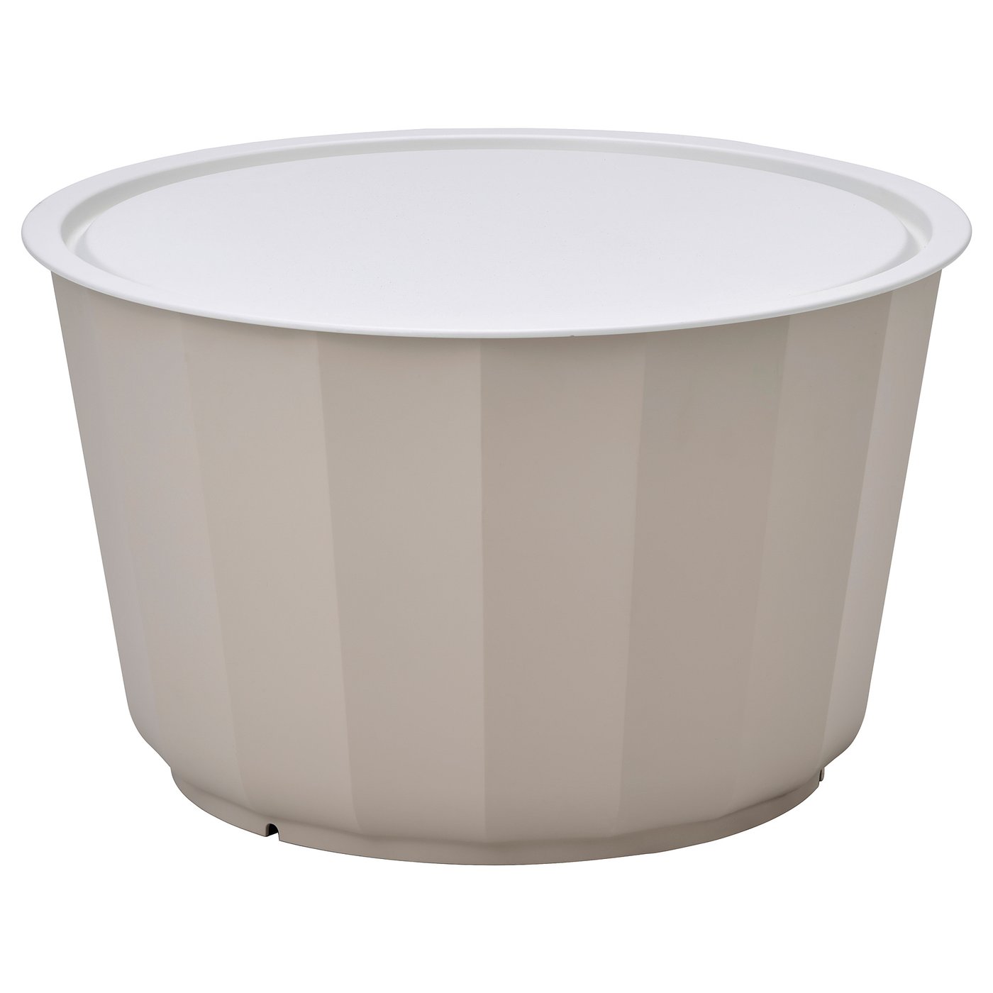 A round, white LÅGASKÄR coffee table with vertical lines and a removable tray, ideal for outdoor use.