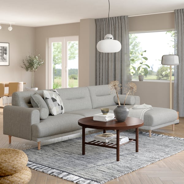 LÅNGARYD 3-seat sofa w chaise longue, right, Lejde light grey/wood