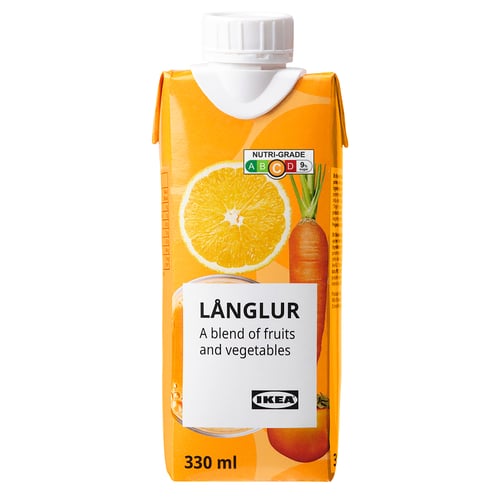Orange vegetable smoothie carton by IKEA, 330ml, labelled LÅNGLUR.