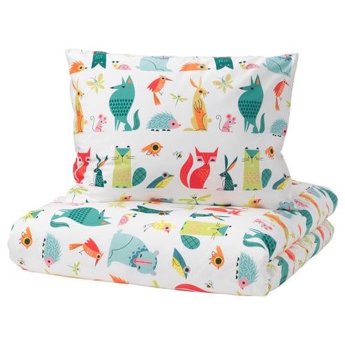 LATTJO duvet cover, colourful woodland creatures on white cotton, rectangular, kids bedding.