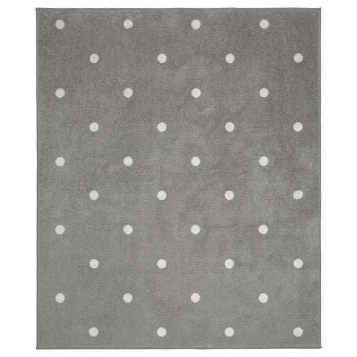 Grey rectangular rug with white dots, soft & durable.