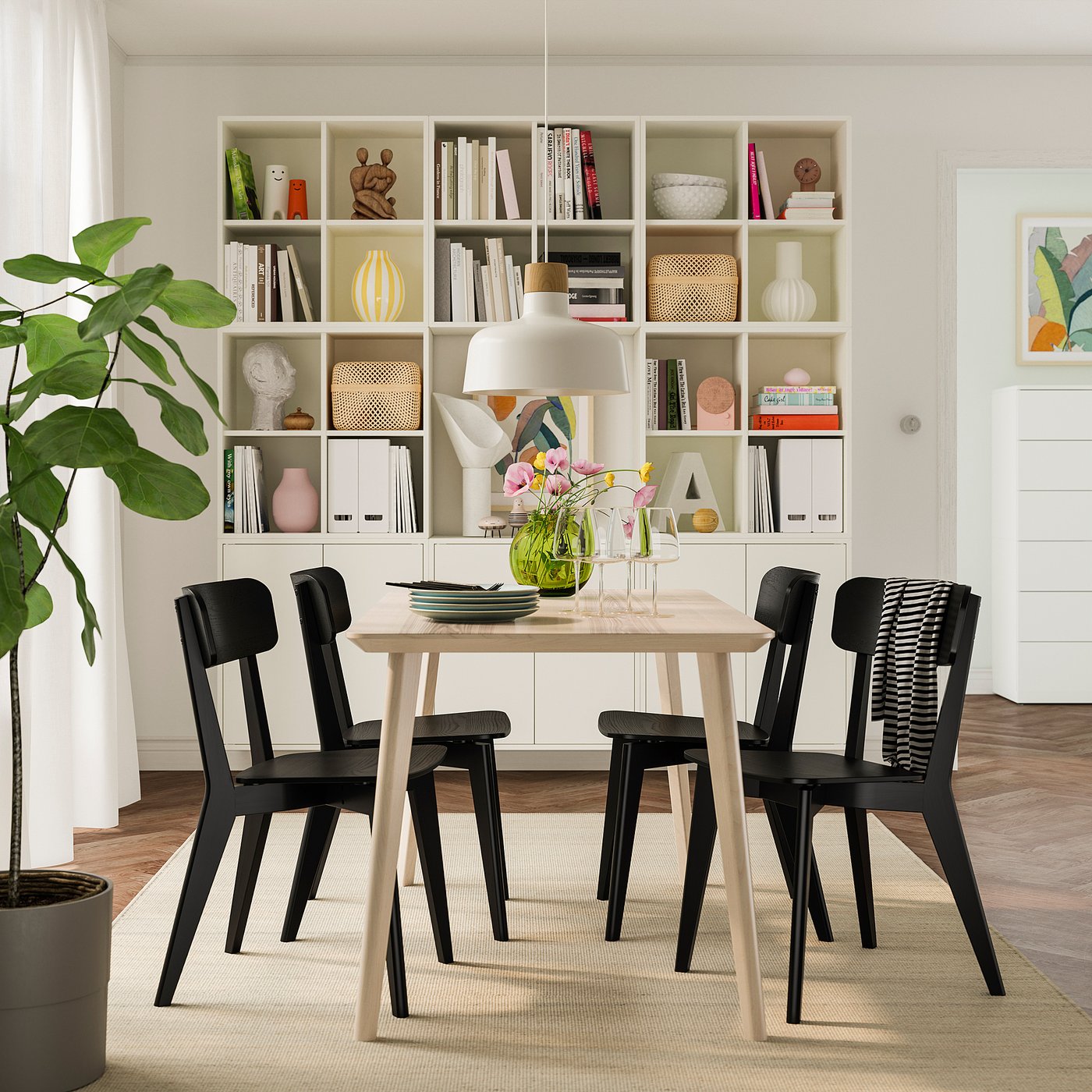 LISABO / LISABO table and 4 chairs, ash veneer/black, 140x78 cm - IKEA