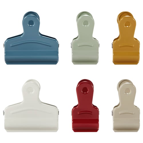 Six colourful magnetic clips in pastel shades for bag sealing and fridge attachment.