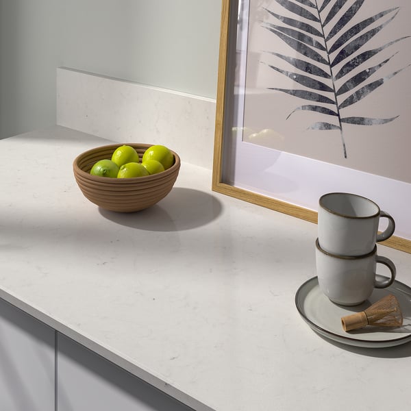 LOCKEBO Custom made worktop, off-white marble effect/glass composite, 1 m²x2.0 cm