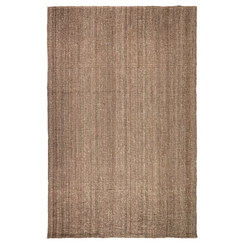 Beige jute rug, textured, flat-woven, natural colours, for living rooms/dining areas.