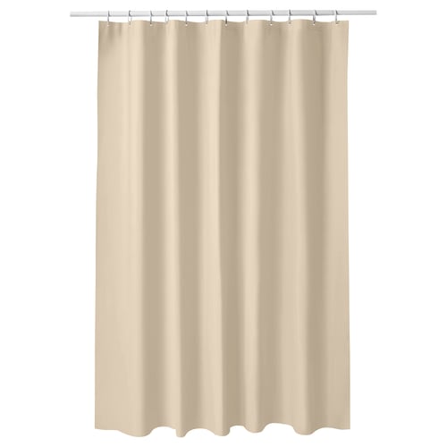 Beige LUDDHAGTORN shower curtain, eva plastic, water-resistant, solid colour.