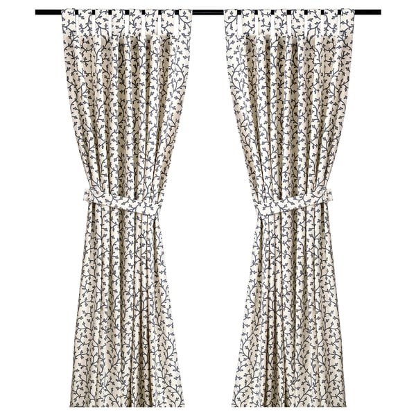 LUNGÖRT Curtains with tie-backs, 1 pair, white/grey/with tab top, 145x150 cm