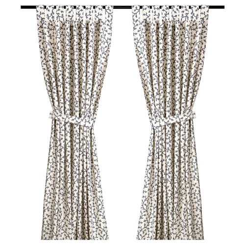 LUNGÖRT curtains, white with blue floral pattern, tie-back style.