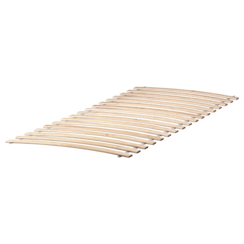 Ikea LURÖY bed base, light wood, curved slats, rectangular.