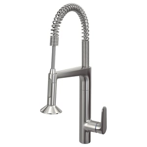 A MAJSJÖN stainless steel kitchen tap with a flexible spiral spout, modern design, and metallic finish.