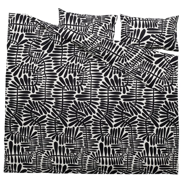 MAJSMOTT Duvet cover and 2 pillowcases, off-white/black, 240x220/50x80 cm