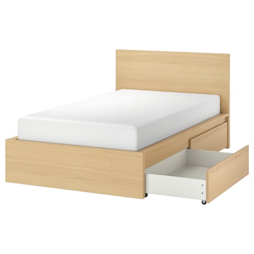 MALM light wood bed with drawers and white mattress.
