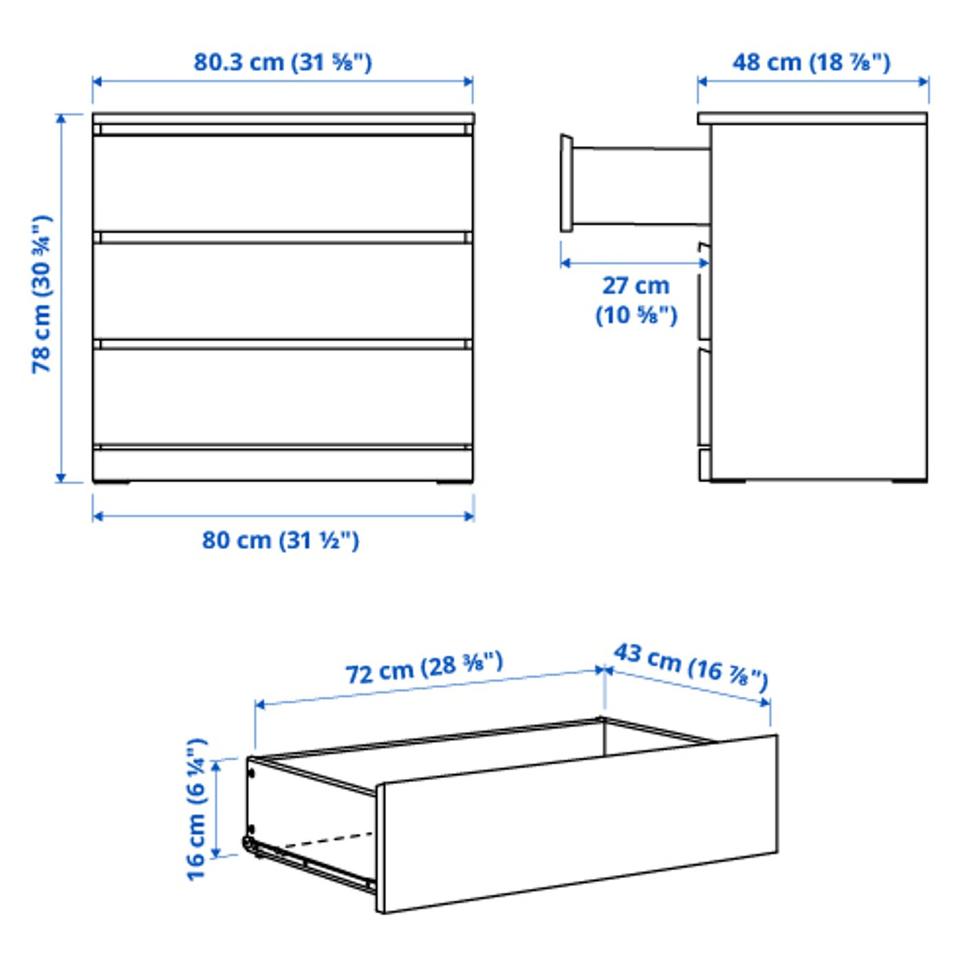 MALM chest of 3 drawers, black-brown, 80x78 cm - IKEA