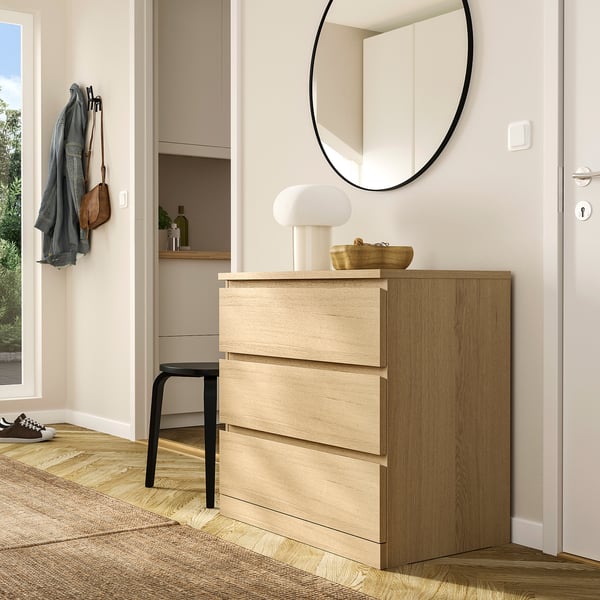 MALM Chest of 3 drawers, white stained oak veneer, 80x78 cm