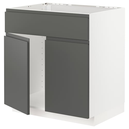 Modern grey kitchen cabinet with sleek handles and sturdy white frame.