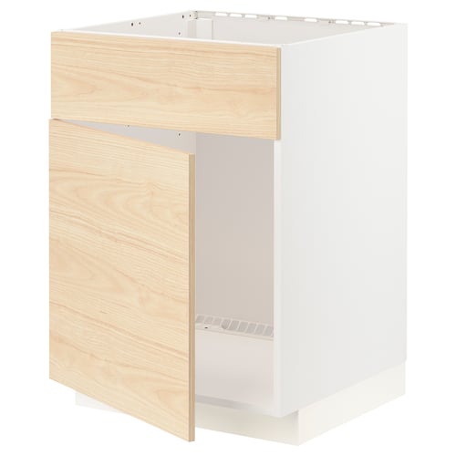 Modern kitchen cabinet, METOD series. White with light ash wood design, rectangular shape, sturdy frame.