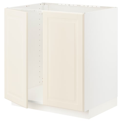 An ivory METOD kitchen cabinet with a bevelled edge door, featuring a sturdy frame and snap-on hinges.
