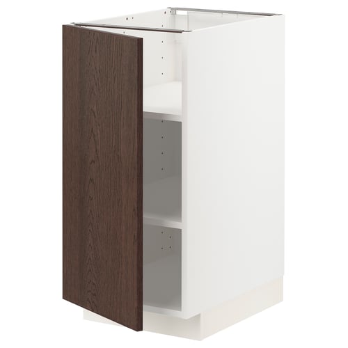 Modern kitchen cabinet: METOD in white & brown wood, open design.