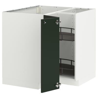 A METOD kitchen cabinet with a dark green havstorp door. It has a white frame and metal racks inside. The door is open, revealing storage space.
