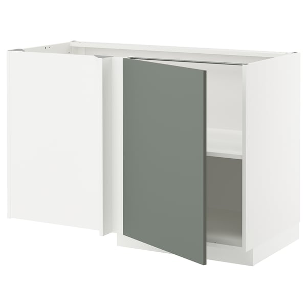 METOD Corner base cabinet with shelf, white/Nickebo matt grey-green, 128x68x80 cm