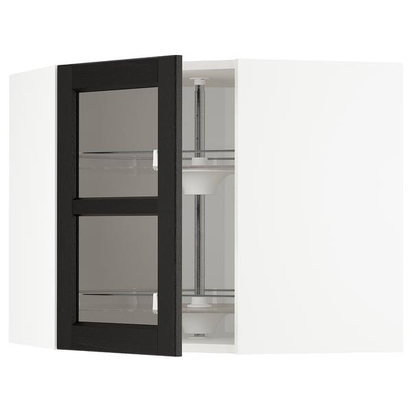 METOD Corner wall cab w carousel/glass dr, white/Lerhyttan black stained, 68x37x60 cm