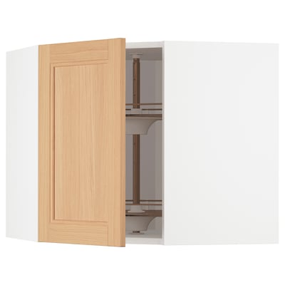 METOD Corner wall cabinet with carousel, white/Vedhamn oak, 68x37x60 cm