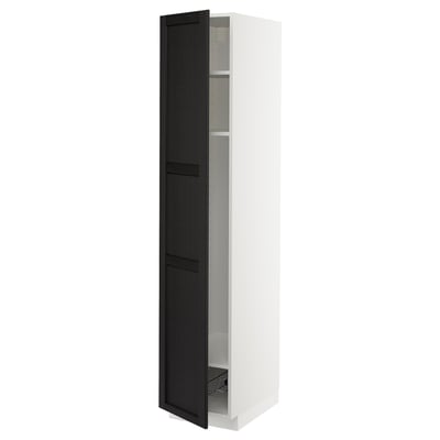 METOD High cabinet w shelves/wire basket, white/Lerhyttan black stained, 40x60x200 cm