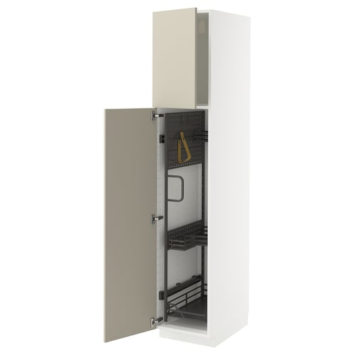 Beige METOD kitchen cabinet open, white interior, adjustable shelves.