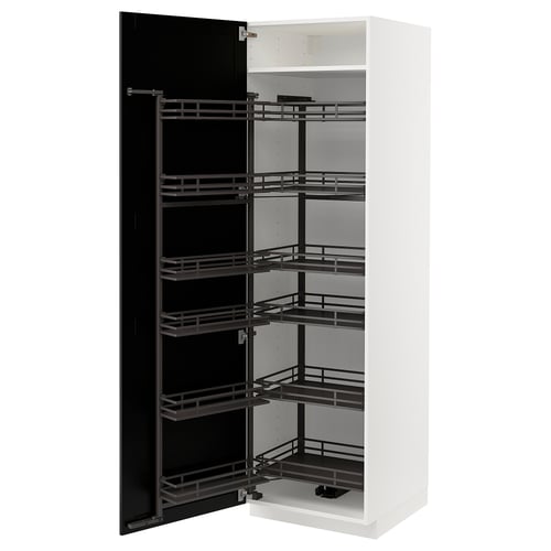 White METOD kitchen unit, black pull-out shelves, modern design.
