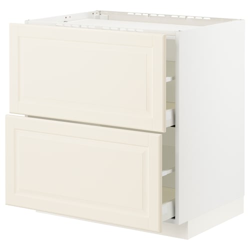 Off-white kitchen cabinet with drawers, traditional design.