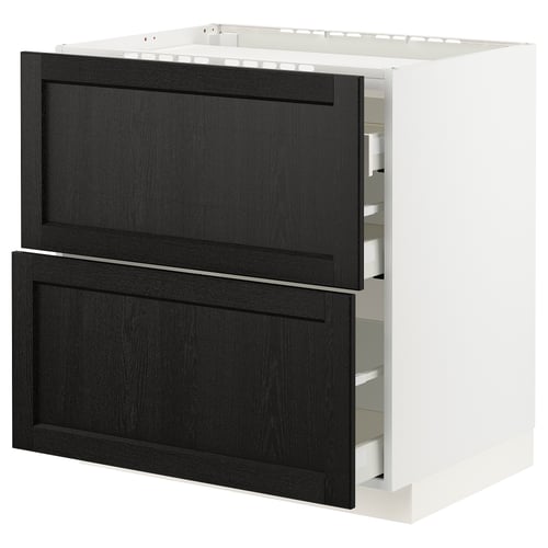 Modern white and black kitchen cabinet with two dark drawers, sleek and elegant design.