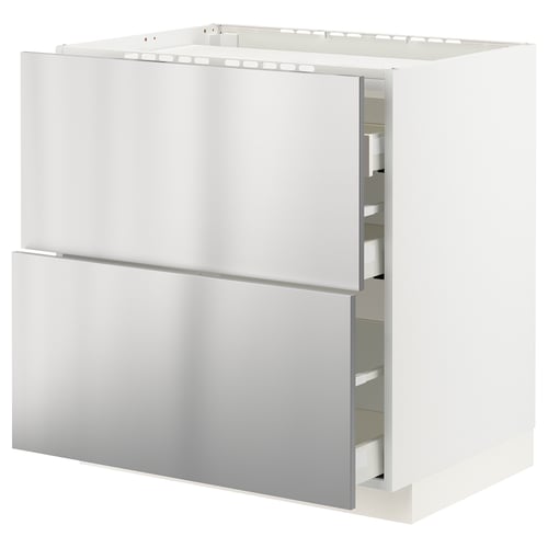 White METOD kitchen cabinet with stainless steel drawers and doors.