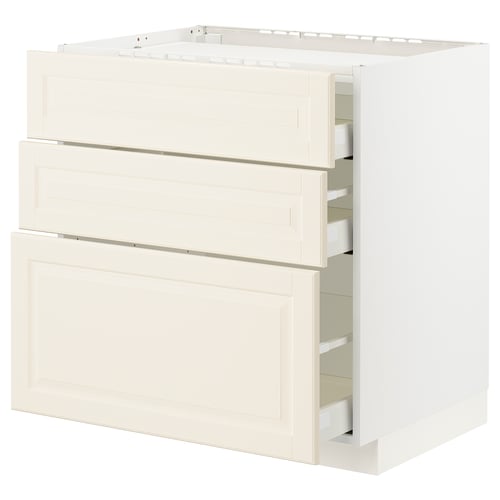 METOD kitchen cabinet in off-white with three drawers and one door, bevelled edges, clean design.