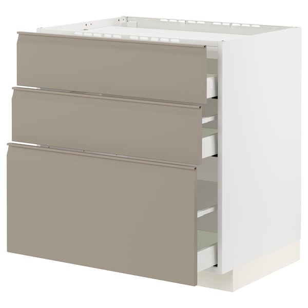 METOD / MAXIMERA Base cab f hob/3 fronts/3 drawers, white/Upplöv matt dark beige, 80x60x80 cm