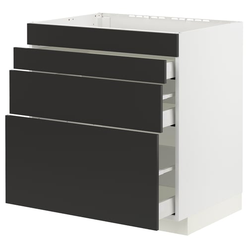 METOD kitchen unit with 4 black drawers, modern minimalist design.