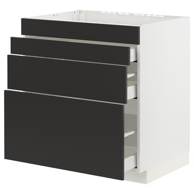 METOD / MAXIMERA Base cab f hob/4 fronts/3 drawers, white/Nickebo matt anthracite, 80x60x80 cm