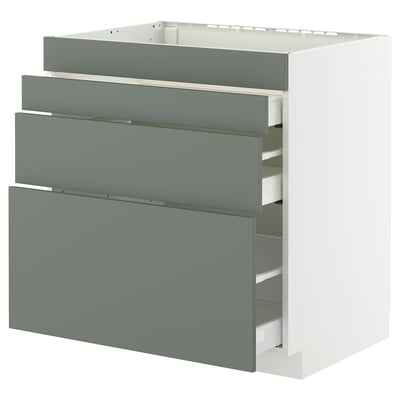 METOD / MAXIMERA Base cab f hob/4 fronts/3 drawers, white/Nickebo matt grey-green, 80x60x80 cm