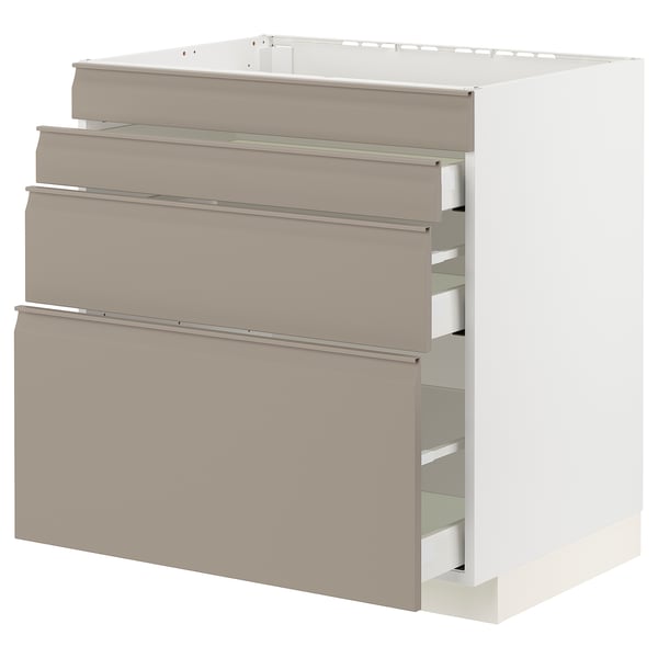 METOD / MAXIMERA Base cab f hob/4 fronts/3 drawers, white/Upplöv matt dark beige, 80x60x80 cm