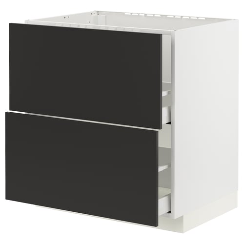 White METOD kitchen cabinet with black handles and two full-extension drawers.