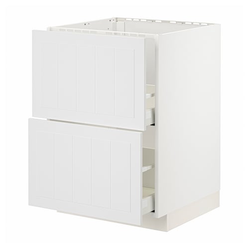 METOD white kitchen cabinet with wooden panels, two open drawers showing metal runners.