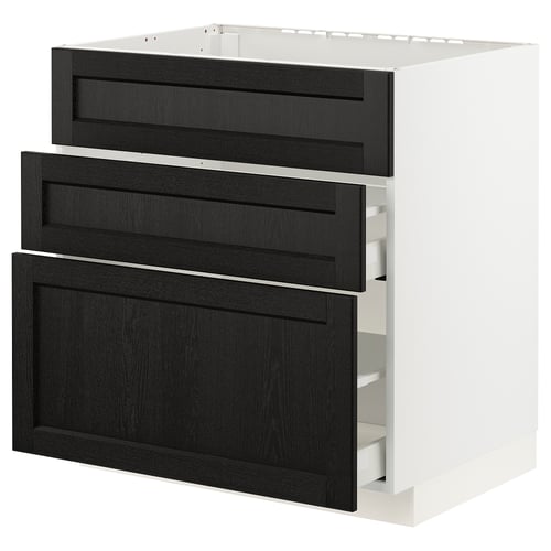 METOD kitchen unit, black stained wood drawers, white base.