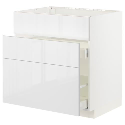 A white high-gloss kitchen cabinet with a smooth drawer.