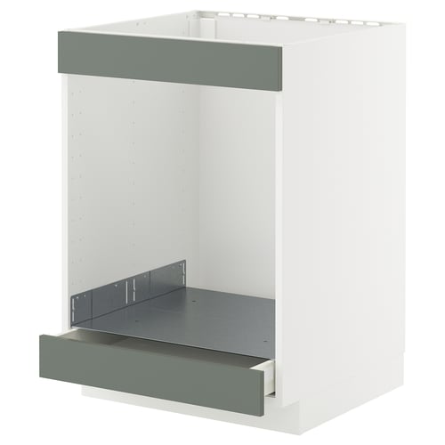 METOD kitchen unit with grey-green drawer fronts, white base.