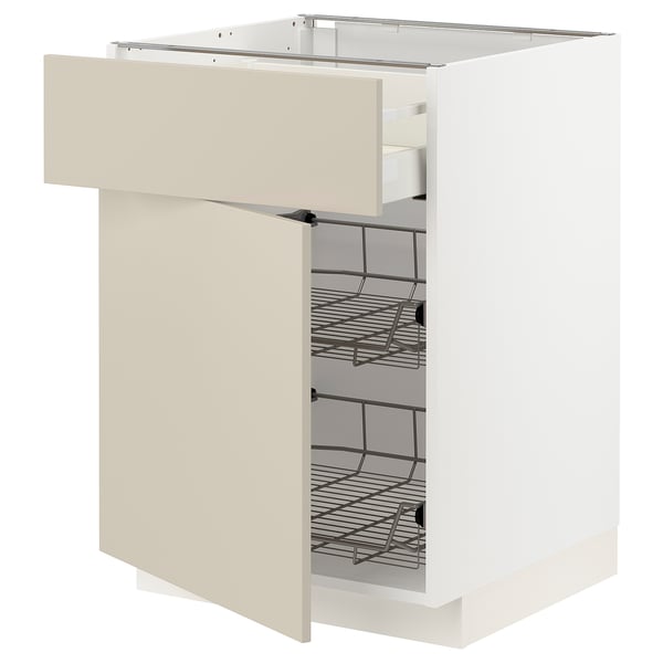 METOD / MAXIMERA Base cab w wire basket/drawer/door, white/Havstorp beige, 60x60x80 cm