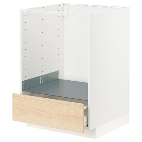 A white METOD kitchen cabinet with a light wooden drawer and metal shelf.