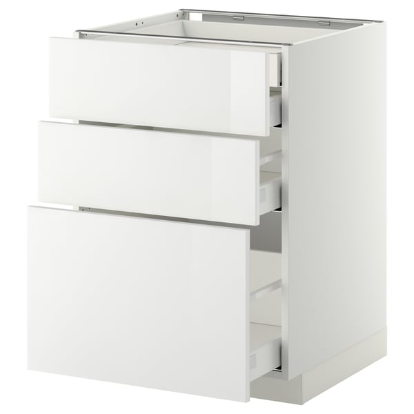 White METOD kitchen cabinet with three open drawers, modern design.