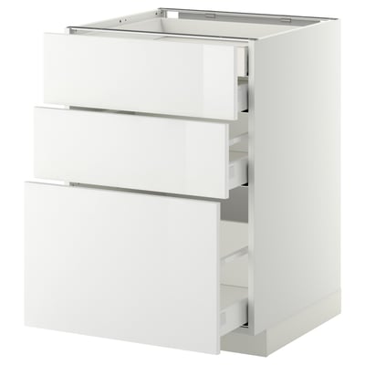 White METOD kitchen cabinet with three open drawers, modern design.